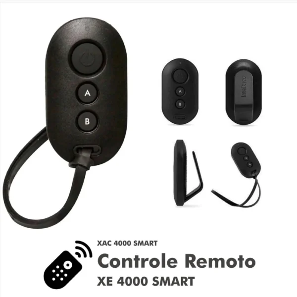 foto de varios angulos controle remoto de alarme xac 4000 smart preto intelbras, visão frontal, lateral e de costas com os acessórios