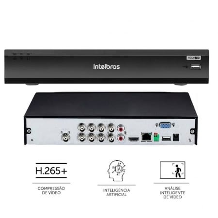 imagem de frente e costas do dvr mhdx modelo 1308 da marca intelbras, com todas as conexões a mostra.